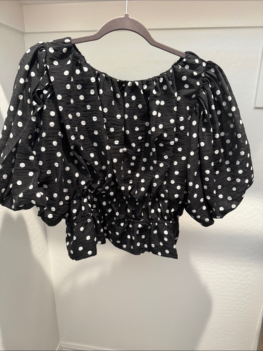 Black Polka Dot Puff Sleeve Blouse